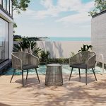 Patio Furniture Set, 3-Piece Outside Bistro Set Handwoven Rattan Wicker Chairs with Waterproof Cushions, Tempered Glass Table, Outdoor Conversation Set for Porch, Brown & Light Grey - Image 2